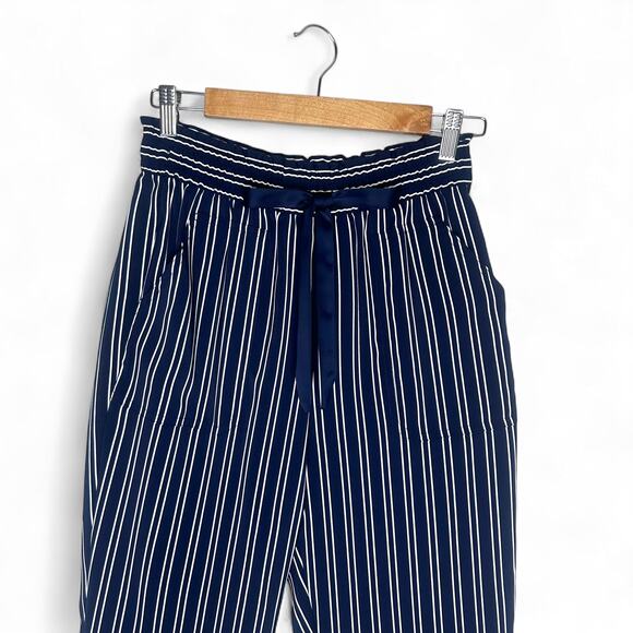 Zara Women's Striped Drawstring Pants Size S Navy White Elastic Waist Trouser - Picture 3 of 10